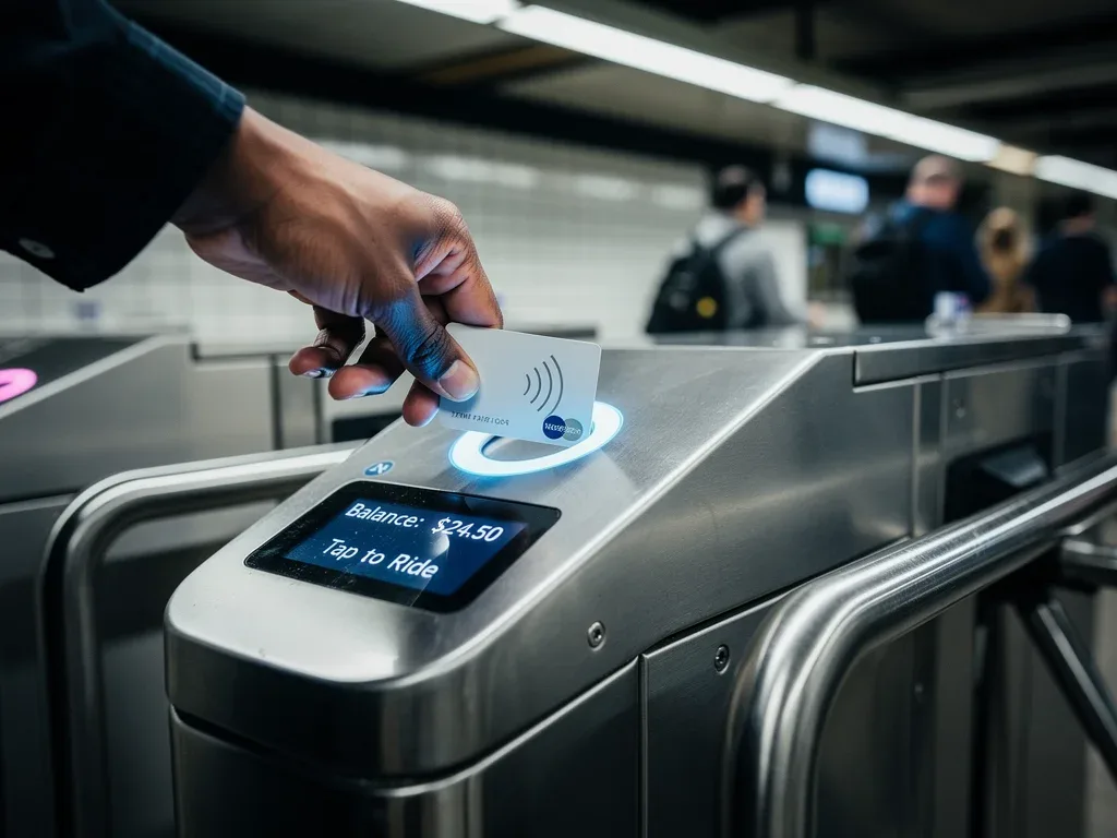 Person using a transit card at a subway turnstile, demonstrating pre-tax commuter benefit usage.