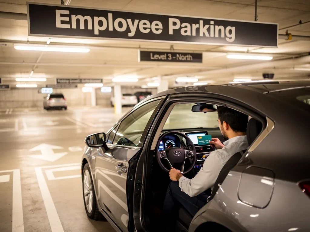 Employee parking car in garage, representing the pre-tax parking benefit for 2026.