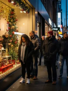 Shoppers with mixed expressions in a festive holiday shopping district