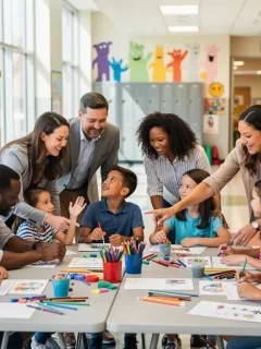 Parents and children engaged in a school activity, symbolizing strong parental involvement in education.