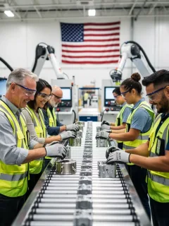 Factory workers collaborating on an assembly line in a modern US manufacturing plant