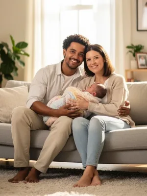 Smiling parents holding newborn baby, illustrating 2026 parental leave benefits and family well-being.