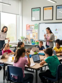 Students and teachers engaged in a modern classroom, representing education policy impact.