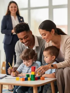 Parents and children in a modern childcare center, symbolizing new childcare benefits for working families.