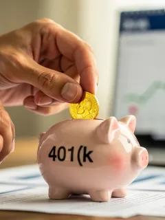 Hands placing coin into 401(k) piggy bank, symbolizing retirement savings growth in 2026.