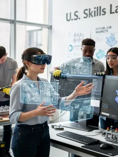 Students utilizing advanced technology in a modern vocational training center, preparing for 2026 job market demands.
