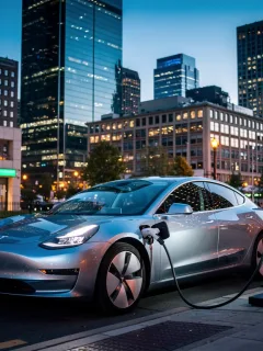 Modern electric car charging, symbolizing growth in EV market.