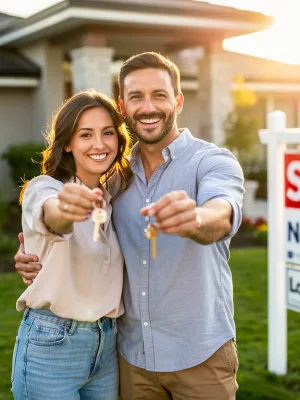 Couple holding keys in front of new home, symbolizing FHA loan success