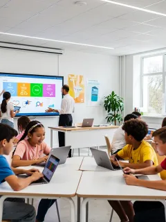 Students using EdTech tools in a modern U.S. classroom setting