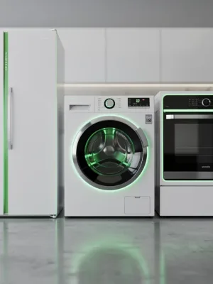 Three new energy-efficient appliances in a modern kitchen, showcasing innovative design and sustainability.
