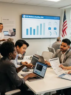 Adults learning new skills in a modern classroom, representing U.S. workforce reskilling programs.