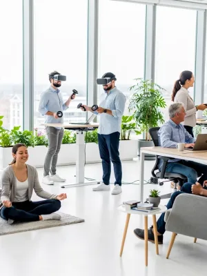 Employees enjoying modern non-traditional benefits in a contemporary office setting.