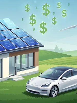 Illustration of solar panels, wind turbine, and electric car symbolizing green energy tax credits