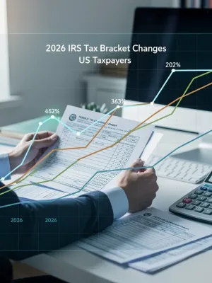 Person reviewing 2026 IRS tax documents with a calculator and digital tax bracket graph