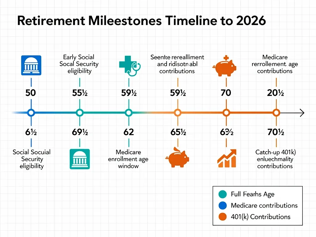 Infographic timeline illustrating key milestones for 2026 retirement benefits planning