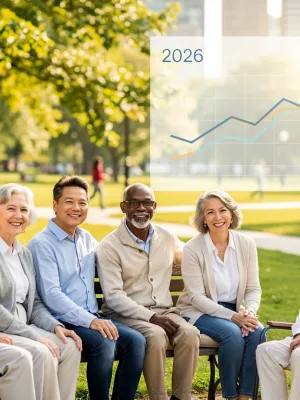 Happy diverse retirees in a park, symbolizing secure 2026 retirement benefits planning