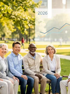 Happy diverse retirees in a park, symbolizing secure 2026 retirement benefits planning