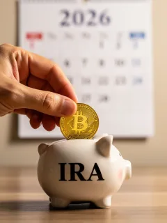 Hand placing coin into IRA piggy bank with 2026 calendar