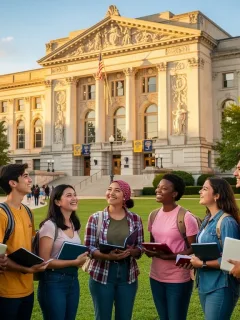 Students looking at university building, symbolizing future U.S. college admissions success.
