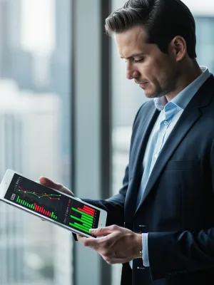 Businessman analyzing financial data on a tablet, focusing on tax optimization strategies.