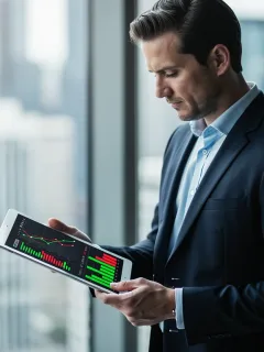 Businessman analyzing financial data on a tablet, focusing on tax optimization strategies.