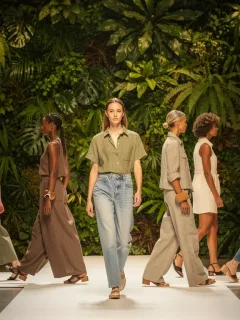 Models on a runway wearing sustainable fashion, organic fabrics