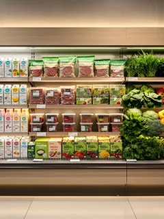 Diverse plant-based products in a modern grocery aisle