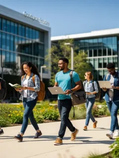 Diverse graduate students walking on a modern university campus, representing future academic pursuits.