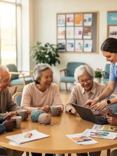 Seniors receiving support in a modern, welcoming community center, representing elder care benefits.