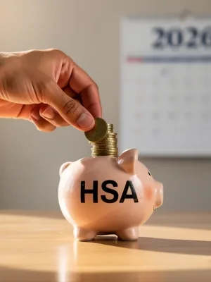 Hand putting coins into an HSA piggy bank with 2026 calendar, symbolizing future healthcare savings.