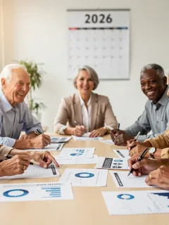 Seniors discussing Social Security benefits for 2026, planning retirement