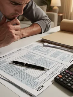 Thoughtful person reviewing 2026 AMT tax forms with calculator