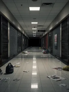 Empty shopping mall corridor with 'For Lease' signs, symbolizing retail decline.