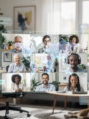 Professionals collaborating remotely in a futuristic, interconnected digital workspace.