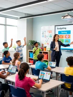 K-12 students learning financial literacy in a modern classroom setting