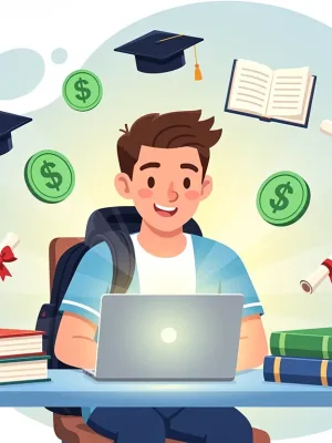 Student joyfully finding scholarships online for college funding