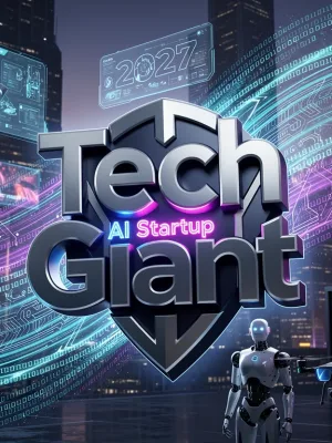 Stylized representation of a tech giant acquiring an AI startup, symbolizing future innovation.