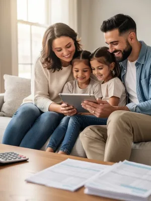 Happy family reviewing finances on a tablet, symbolizing EITC benefits.