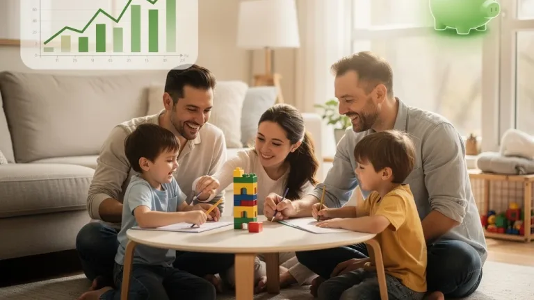 Happy family enjoying time together, symbolizing childcare savings and financial well-being.