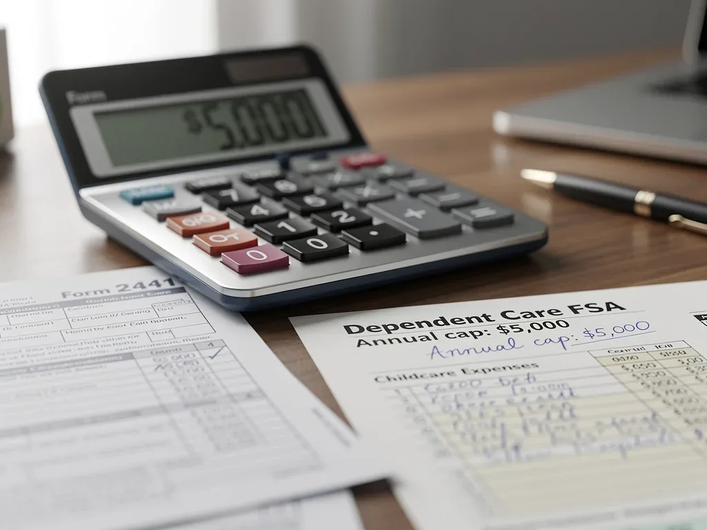 Calculator and childcare records used to estimate Dependent Care FSA 2026 tax savings