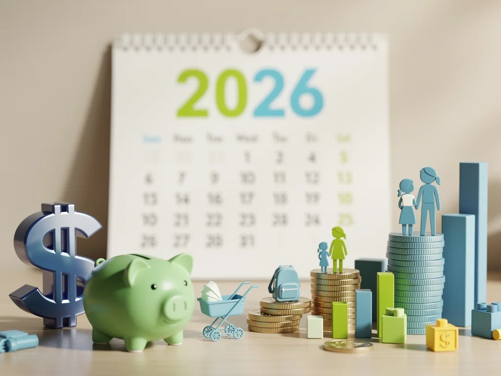 Calendar 2026 with financial symbols and family icons, representing future childcare financial aid.