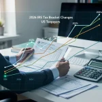 Person reviewing 2026 IRS tax documents with a calculator and digital tax bracket graph