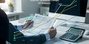 Person reviewing 2026 IRS tax documents with a calculator and digital tax bracket graph