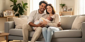 Smiling parents holding newborn baby, illustrating 2026 parental leave benefits and family well-being.
