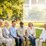 Happy diverse retirees in a park, symbolizing secure 2026 retirement benefits planning