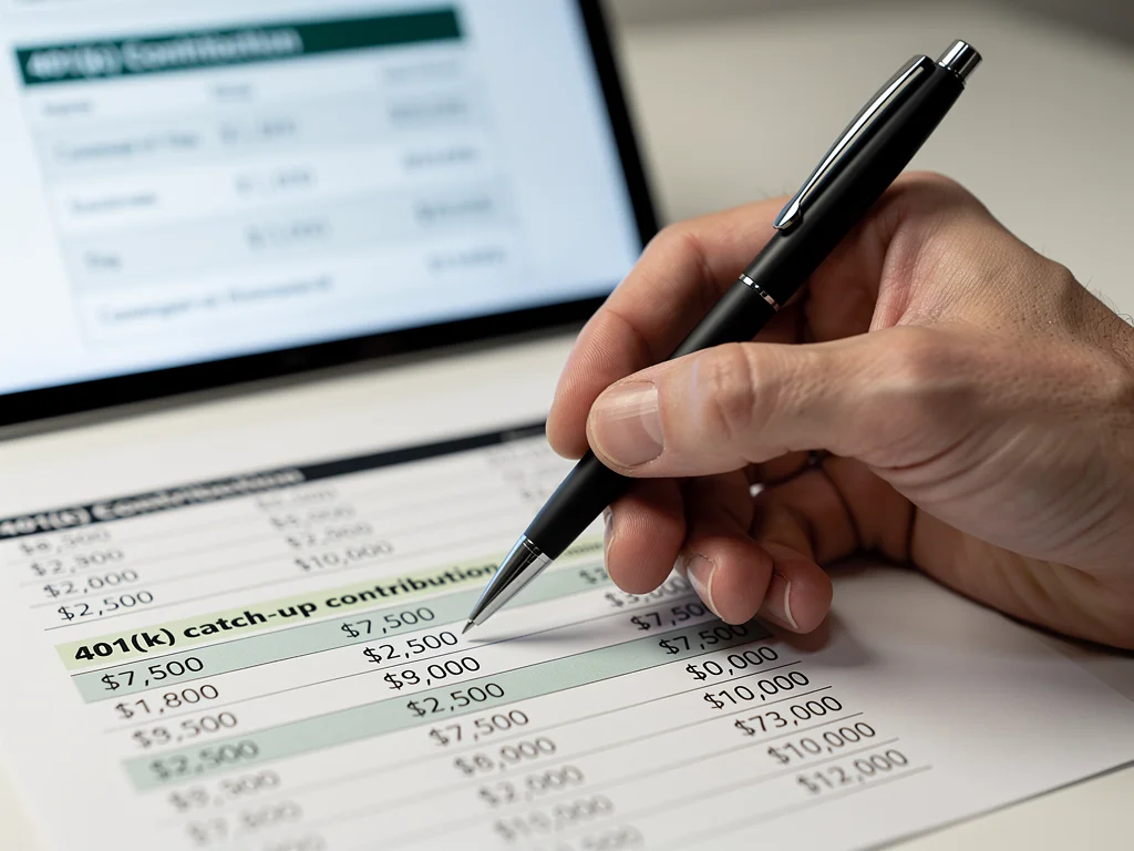 Hand filling out 401(k) contribution form with new catch-up limits