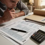 Thoughtful person reviewing 2026 AMT tax forms with calculator