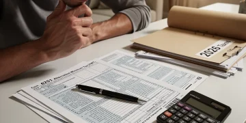 Thoughtful person reviewing 2026 AMT tax forms with calculator