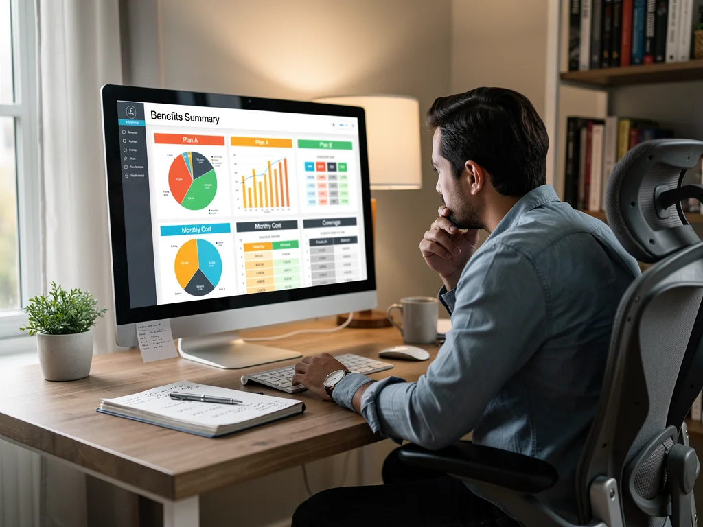 Individual analyzing benefits summary and financial implications.