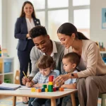 Parents and children in a modern childcare center, symbolizing new childcare benefits for working families.